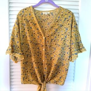 Max Studio Yellow Floral Flare Sleeve Tie Hem Blouse Size Medium